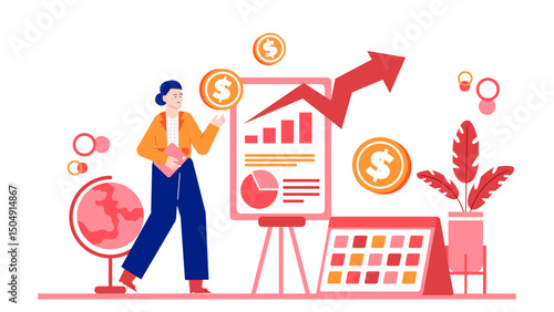 Woman pointing at financial growth graph, suitable for business presentations, finance blogs, and marketing materials requiring illustrations of success and growth.