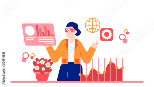 Woman in a yellow jacket holding a pink graph. Innovative tech solutions for business growth