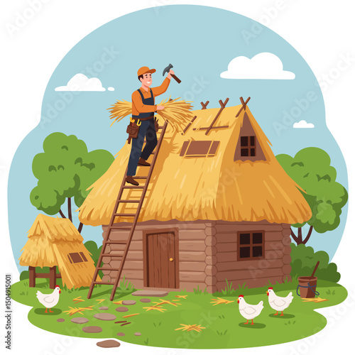 Thatching Roof Repair on Log Cabin with Straw Hay and Chickens