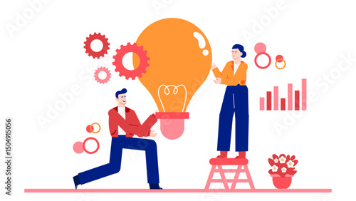 Entrepreneurial couple holding bulb symbolizing idea generation. Business, innovation, teamwork, brainstorming, creative concepts for marketing, startups, or brainstorming concepts.