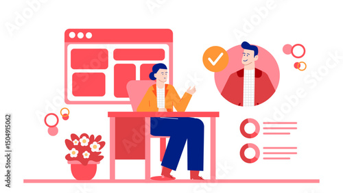 Woman at desk with man in background, a workplace scenario touching on teamwork, collaboration, business, office environment, modern work culture.