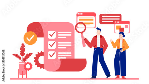 Two people review a checklist near a plant. Suitable for business, teamwork, productivity, planning, Eco conscious concepts in web, print designs.