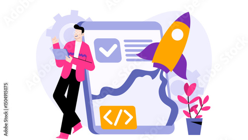 Man holding a tablet with a rocket on the screen, ideal for technology, innovation, startup concepts in advertising, presentations, blogs.