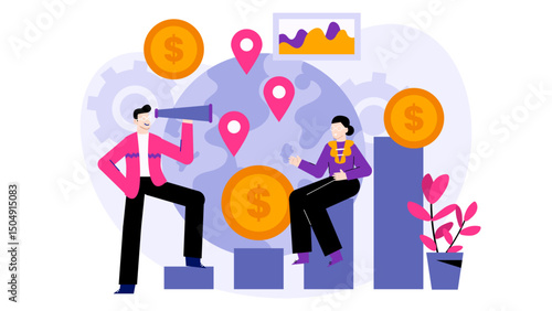 Two people searching with a map and a telescope, symbolizing determination and financial success. Suitable for financial planning concepts.