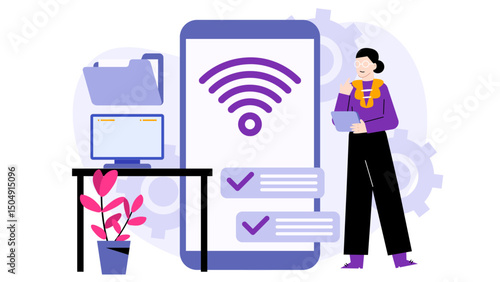 Woman standing by a phone displaying WIFI icon, suitable for technology blogs, websites, and social media posts related to connectivity.