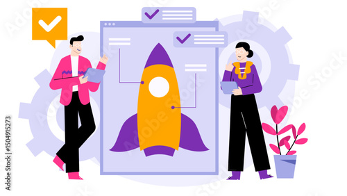 Two people discussing rocket launch plan. Suitable for presentations, technology articles, science blogs, and aerospace industry publications.