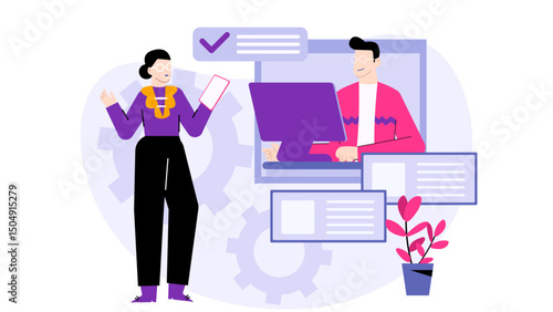Two people discuss project with plant in pot suitable for teamwork, collaboration, office discussions, brainstorming, projects, work meetings, business negotiations.