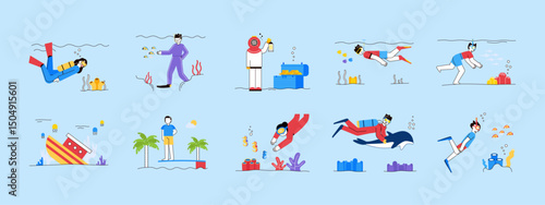 Diving illustration set. Flat vector illustration concept.