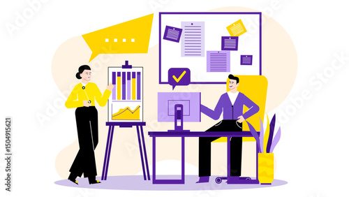 Two people discussing a graph and chart in an office. Suitable for business presentations, reports, financial analysis, and collaborative discussions.