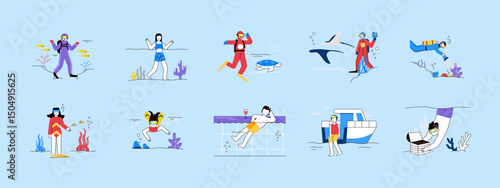 Diving illustration set. Flat vector illustration concept.