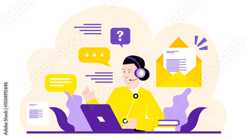 Person with a headset using a laptop, suitable for job interviews, virtual meetings, customer service, tech support concepts.