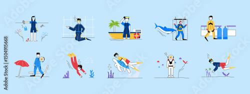 Diving illustration set. Flat vector illustration concept.