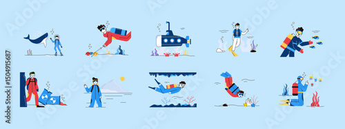 Diving illustration set. Flat vector illustration concept.