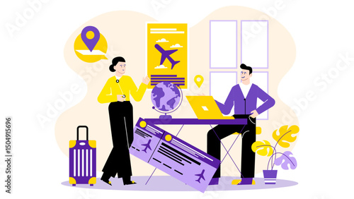 Two people prepare for a trip, holding airline tickets. Ideal for travel blogs, vacation websites, booking platforms, travel agencies promotions.