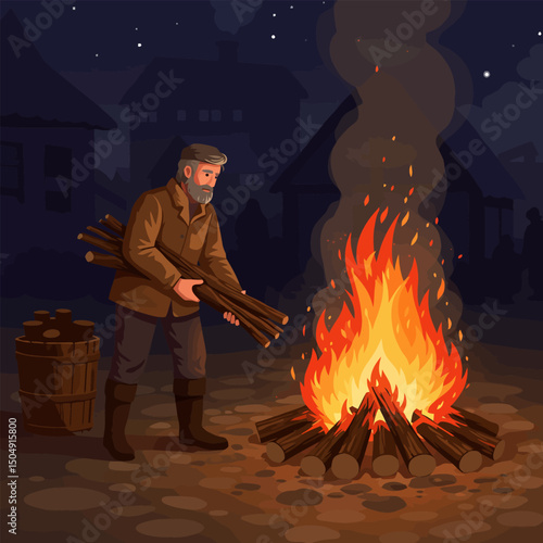 Man Tending Campfire at Night Illustration with Village in Background