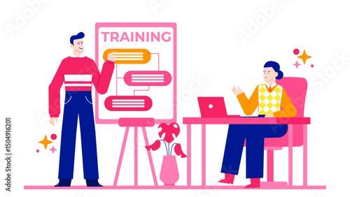 Two people training at a pink desk. Business coach guiding young entrepreneurs. Suitable for education, teamwork, office collaboration, business coaching visuals in workplace settings.