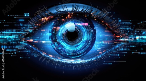 Digital Eye: A high-tech, artistic portrayal of an eye, featuring intricate digital elements and a futuristic aesthetic, symbolizing vision, technology, and innovation.