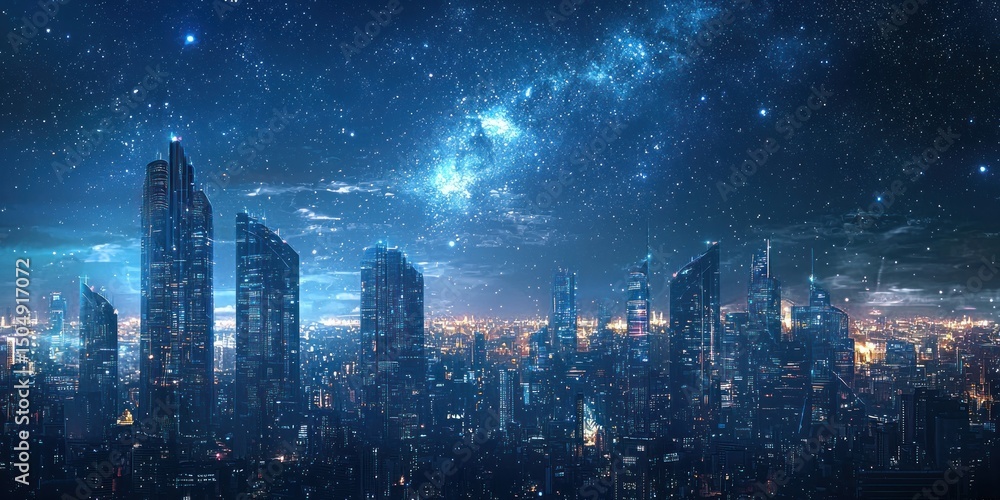 Fototapeta premium A futuristic city skyline with glowing skyscrapers under a star-filled night sky