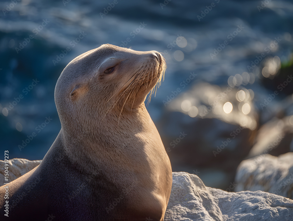Fototapeta premium sea lion resting on a sunlit rocky.
