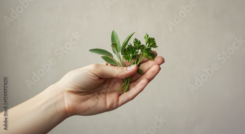 Hand Holding Fresh Culinary Herbs for Cooking and Garnishing Dishes