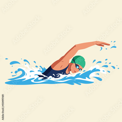 Woman Swimming Freestyle in Pool with Water Splashes Illustration