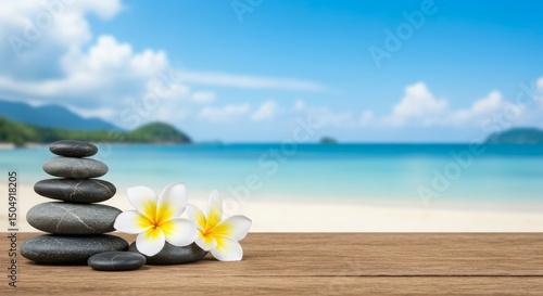 Tranquil Beach Scene with Stones and Frangipani Flowers Decoration for Relaxing Ambience