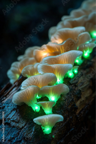 Omphalotus nidiformis mushrooms, ghost fungus with pale white to beige convex caps and fine gills, softly glowing green bioluminescence from the gills in a dark forest environment photo
