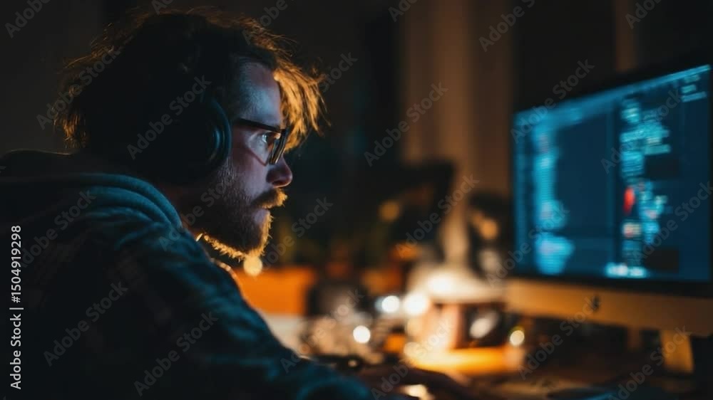 Focused young man working on electronics and computer in dark room with headphones, demonstrating intense concentration and technology skills while surrounded by monitors and electronic equipment Focused young man working on electronics and computer in dark room with headphones, demonstrating intense concentration and technology skills while surrounded by monitors and electronic equipment