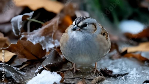 Curious white-throated sparrow standing on a surface covered in fallen leaves and fresh snow in the winter season.