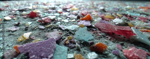 Microscopic view of recycled plastic. Colorful shards of glass glisten on a wet surface.