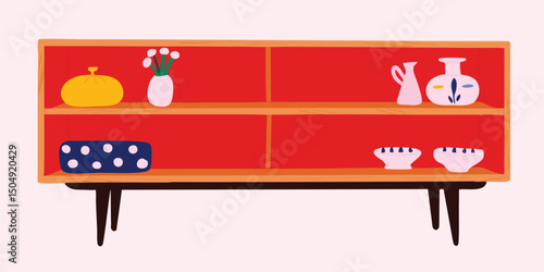 Mid-century modern sideboard with red shelves and wooden legs, displaying decorative objects. 