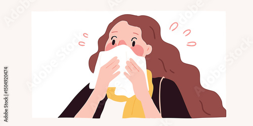 A woman with long flowing hair covers her nose with a tissue, a gentle illustration expressing seasonal allergies and health concerns.