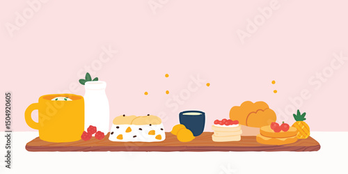 A delightful array of breakfast treats arranged on a rustic wooden board, with a cup of beverage and some fruit to tempt your taste buds. It will bring people joy and create a harmonious scene