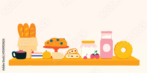 Delightful assortment of pastries, bread, and fruit displayed on a wooden shelf, perfect for breakfast or a delightful afternoon tea.