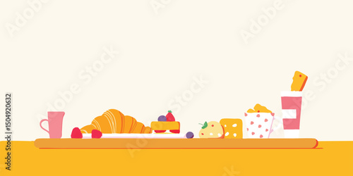 A tempting display of breakfast delights awaits, showcasing the perfect assortment of treats for a delightful morning experience. Featuring a croissant, cakes and cup of coffee.