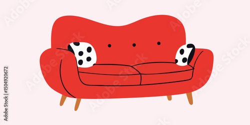 A vibrant red sofa, a charming focal point of any living space. Adorned with unique polka dot pillows, it offers an inviting spot for relaxation and comfort. 