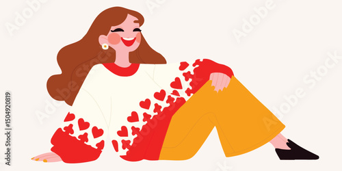 An illustration of a cheerful woman, embodying happiness and content sitting and leaning forward in a light-hearted style. The woman.