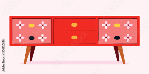 Mid-century modern red sideboard with floral pattern and tapered legs. 