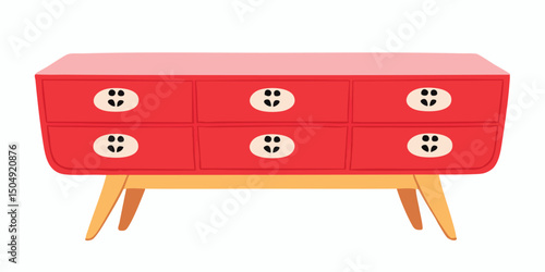 Red Mid-Century Modern Chest of Drawers with six drawers and simple design. 