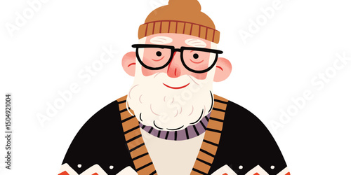 A charming illustration of a friendly senior man, wearing a warm hat and glasses, radiating warmth and wisdom. This cheerful portrait conveys approachability and a sense of comforting familiarity.