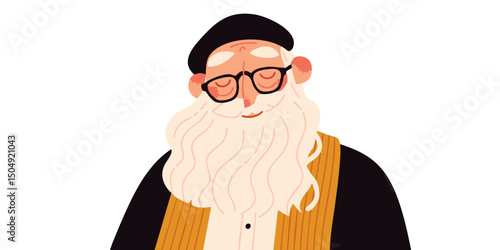 A wise elder with a distinguished beard, adorned with a cap and glasses, embodying wisdom and knowledge. The illustration captures a sense of serene reflection and thoughtful introspection.