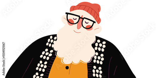 A charming illustration of a cheerful man, glasses perched, sporting a cozy knit hat and a textured cardigan, exudes a friendly and approachable demeanor. 