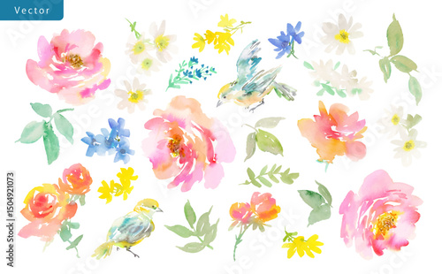 Watercolor Abstract Pink Peonies, blue birds, Wildflowers, and Leaves Vector Illustration Set / Hand-Painted Floral Background clip art set for Spring and summer.
