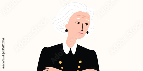A dignified and elegant senior citizen is featured with a stylish appearance. She's a beautiful illustration of an elderly woman and appears self-assured and independent.