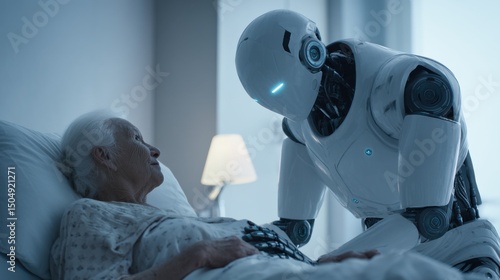 Robotic Caregiver Assisting Elderly Person in Hospital Room with Soft Ambient Lighting