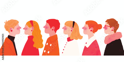 Six diverse individuals stand shoulder to shoulder, their profiles creating a vibrant tapestry of human connection.