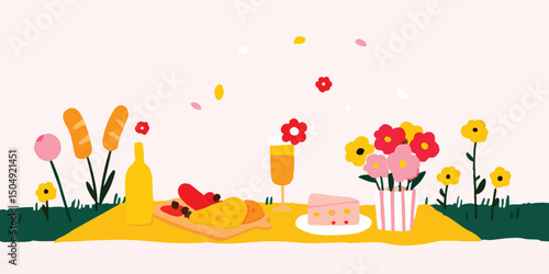 An idyllic picnic scene unfolds in a vibrant, illustrative style, featuring a spread of culinary delights and floral decorations. The scene evokes feelings of relaxation and enjoyment.