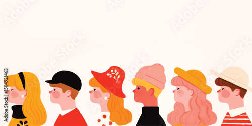 A charming portrait of a group of children in vibrant, playful, and modern fashion in profile view. Expressing diversity and togetherness with style.