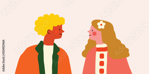 Two figures share an intimate moment, gazing at each other with expressions of love, unity, and connection. The illustration encapsulates affection, connection, and togetherness. 