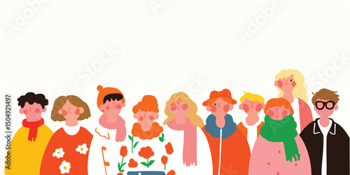 A group of diverse individuals standing together in solidarity and unity, embodying the beauty of togetherness. The artwork highlights the unique individuality of each person. 